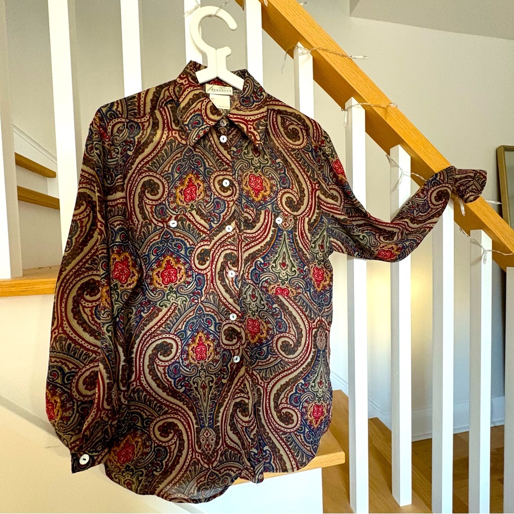 Vintage 80s 90s sheer paisley blouse with iridescent buttons